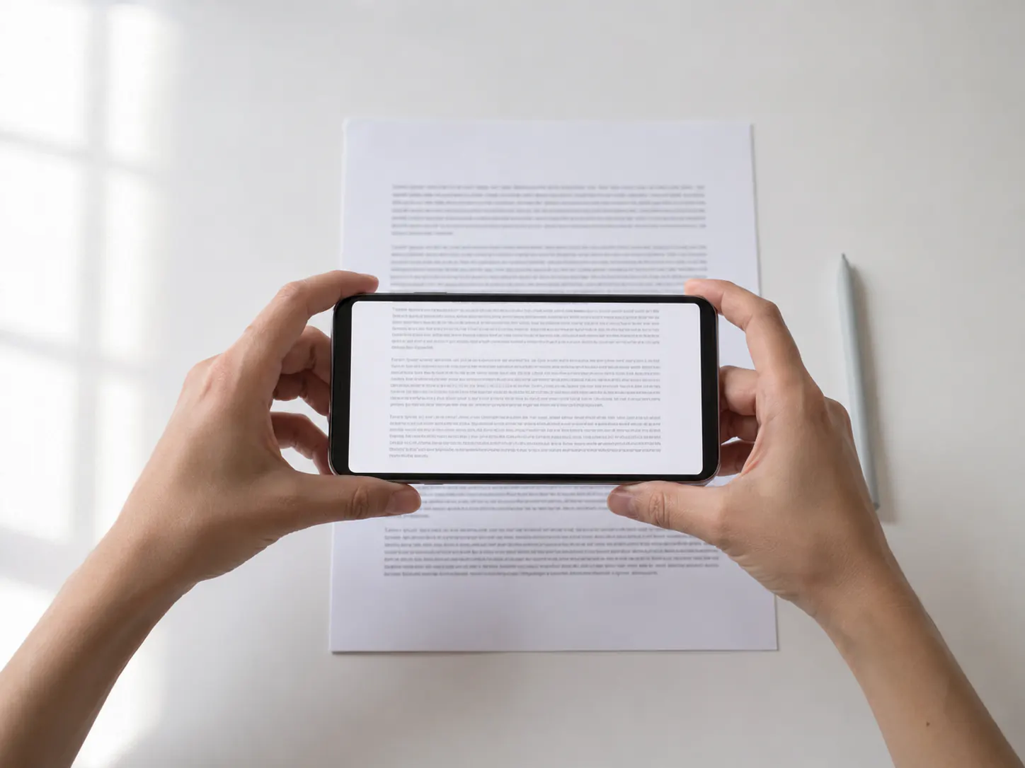 Two hands holding a phone level above a printed page, the whole page inside the camera frame.
